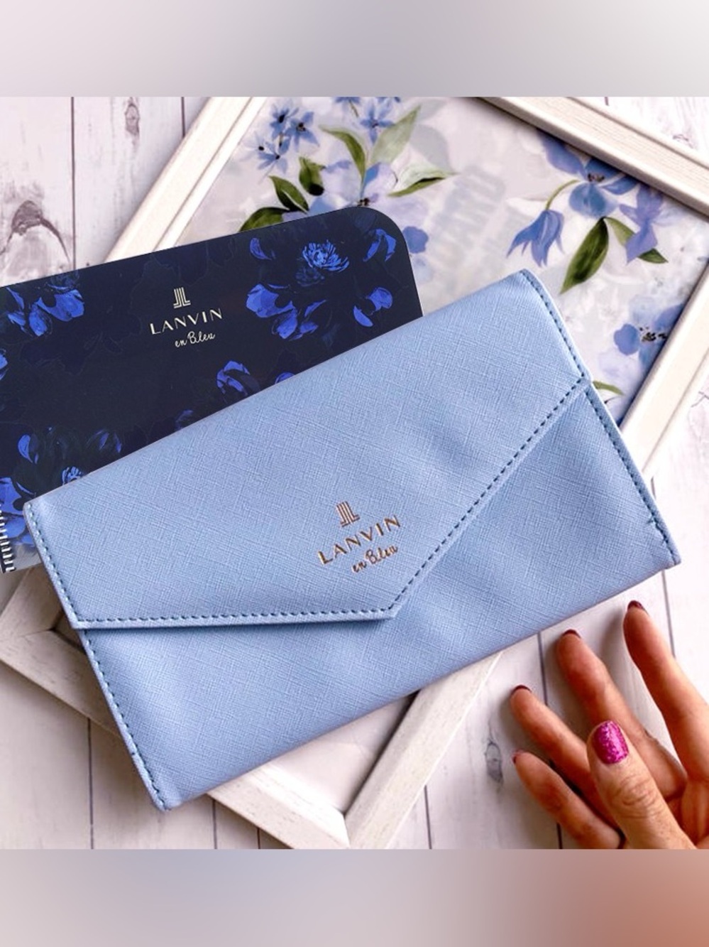 NWOT LANVIN En Blue Envelope Saffino Leather Snap Clutch Purse